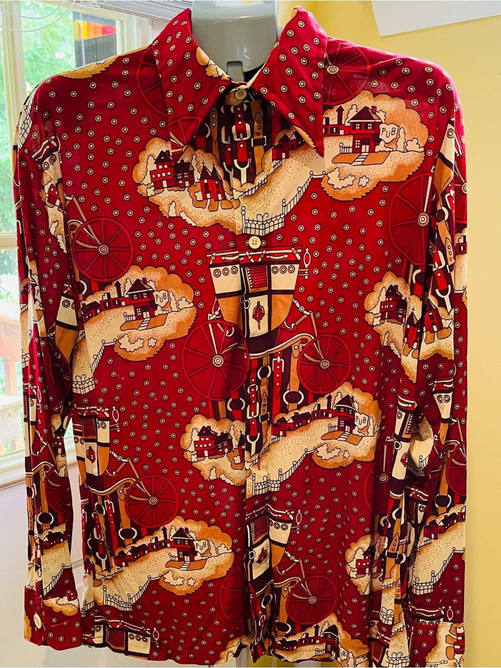 Vintage 70s Career Club Focus Novelty Print Disco Shirt Dagger Collar XL